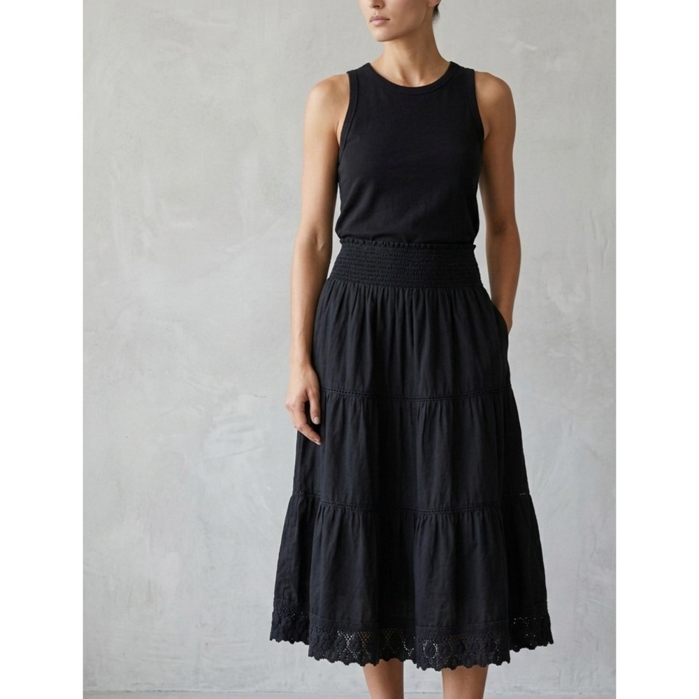 Chaudry Boho Tiered Smocked Crochet Lace Trim Cotton Midi Skirt Black Large